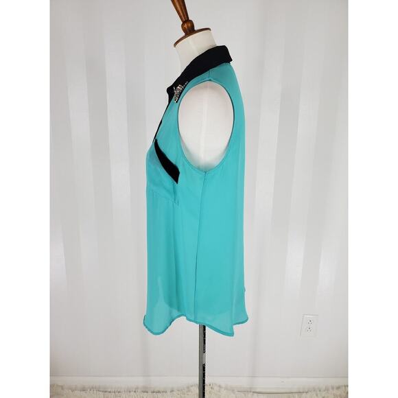 SOPRANO Women's Teal & Black Sleeveless Button Up Sheer Top w/ Rhinestones Sz M - Picture 3 of 10